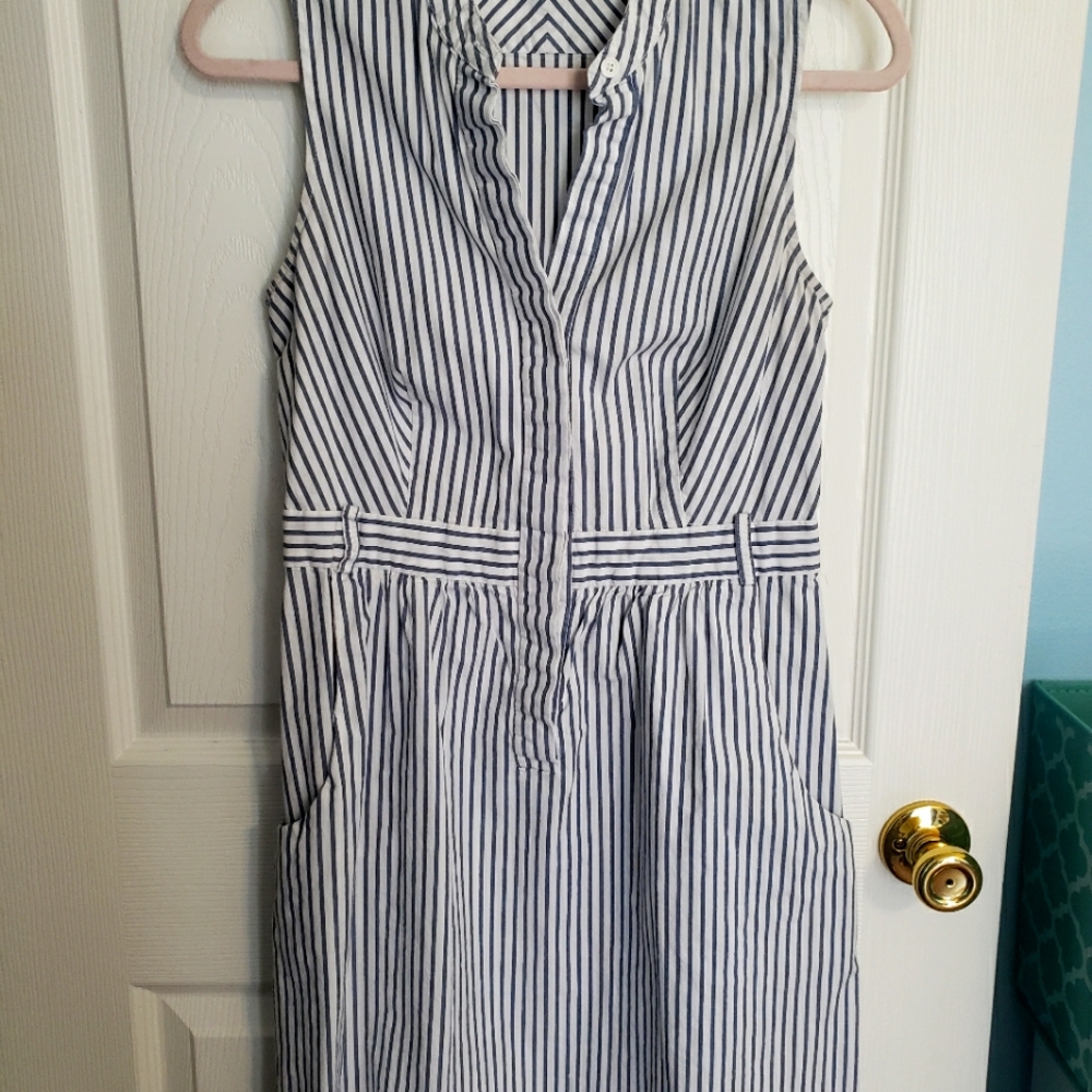 Blue & Whit Pinstripe Sleeveless Shirt Dress, Size 6.